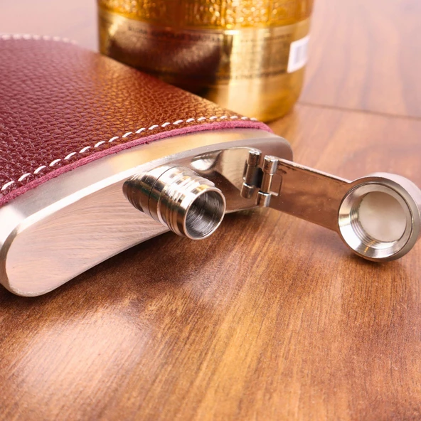 Perlotus 8 Oz 235 cc Hunili Kızıl Kahverengi Hakiki Deri Kılıflı Çelik Viski İçki Matarası - 3