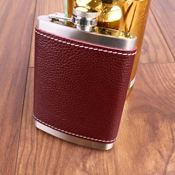 Perlotus 8 Oz 235 cc Hunili Kızıl Kahverengi Hakiki Deri Kılıflı Çelik Viski İçki Matarası - 7