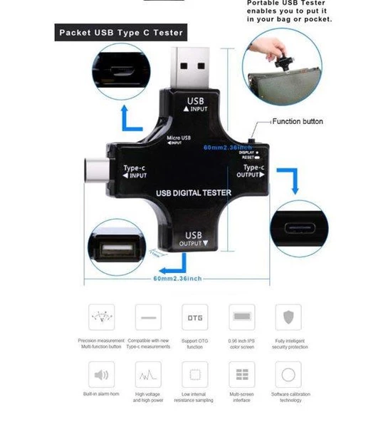 USB 3.0 Type-C DC Dijital Volt-Ampermetre Gerilim Akım Ölçüm Aleti - 4