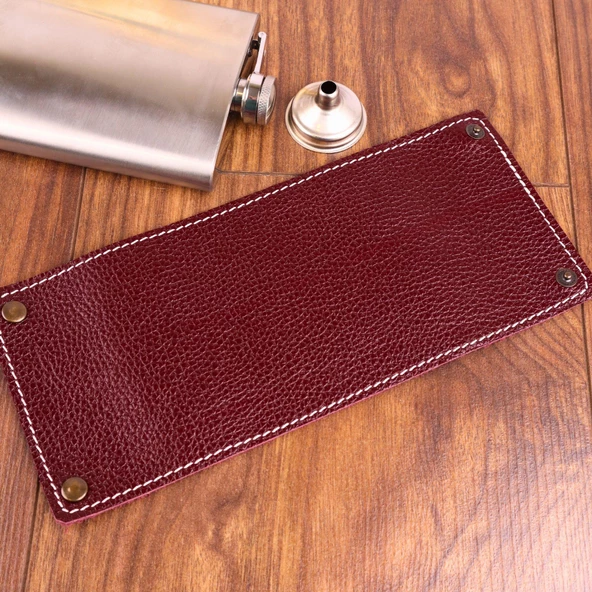 Perlotus 8 Oz 235 cc Hunili Kızıl Kahverengi Hakiki Deri Kılıflı Çelik Viski İçki Matarası - 6