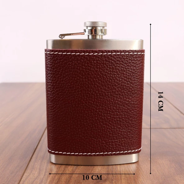 Perlotus 8 Oz 235 cc Hunili Kızıl Kahverengi Hakiki Deri Kılıflı Çelik Viski İçki Matarası - 2