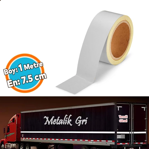 Düz Desensiz En 7.5 cm 1 Mt İkaz Bandı Reflektif Metalize Gri Renk Gece Parlayan Reflektörlü Bant