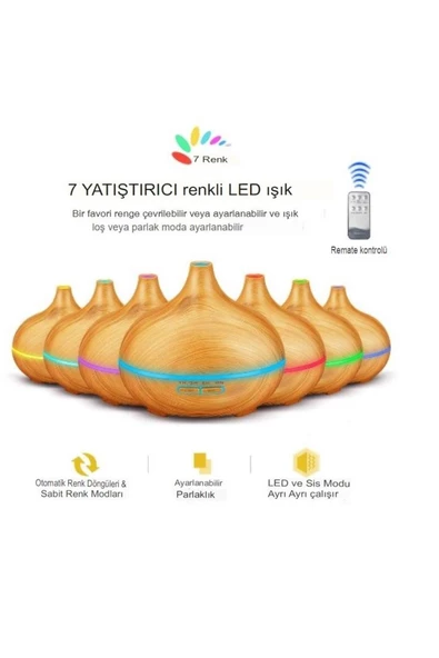 550 ml Aroma Difüzörü Buhar Ultrasonik 7 Renk Led Işıklı Aromatik Oda Kokusu Hava Nemlendirici - 5