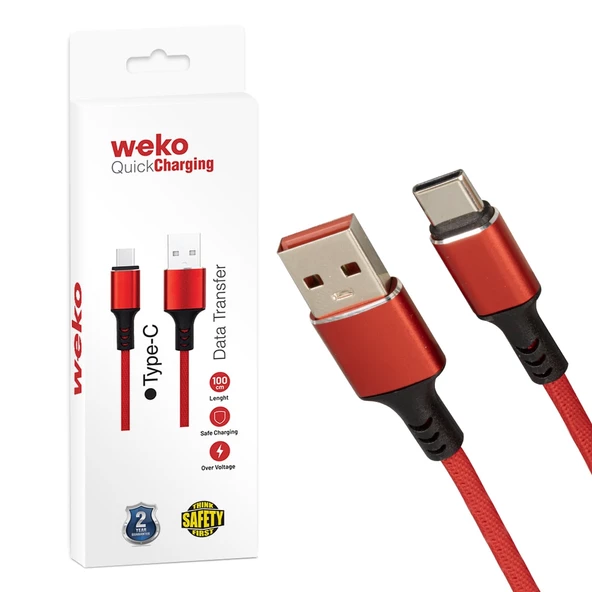 Weko WK-22024 Usb To Type-C Örgülü Kırmızı Şarj Kablosu 1 Metre Şarj Aleti Kablosu