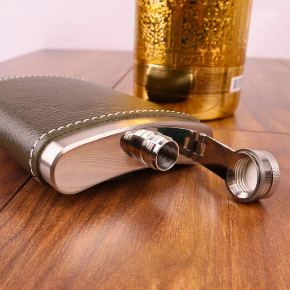 Perlotus 8 Oz 235 cc Hunili Haki Yeşil El Yapımı Deri Kılıflı Çelik Viski Cep Matarası - 5