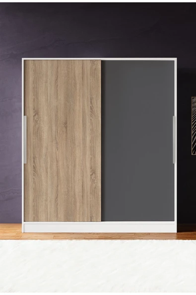 AEKA Ae-4001 Zambak Sürgülü Dolap Çok Raflı Çekmeceli Askılı Beyaz Kasalı (Sonomo-Gri Kapaklı) Gardırop - Resim 4