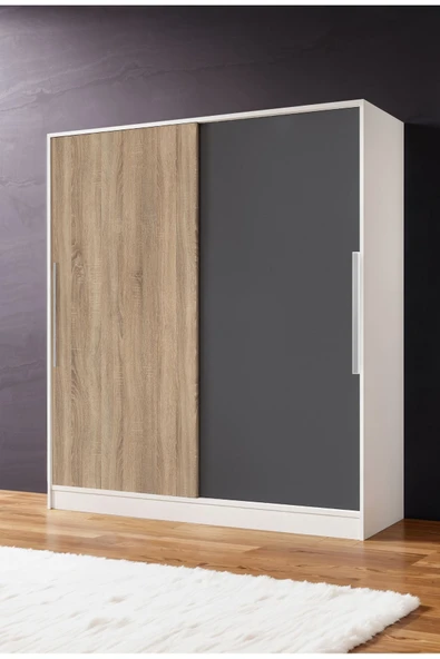 AEKA Ae-4001 Zambak Sürgülü Dolap Çok Raflı Çekmeceli Askılı Beyaz Kasalı (Sonomo-Gri Kapaklı) Gardırop ürün görseli