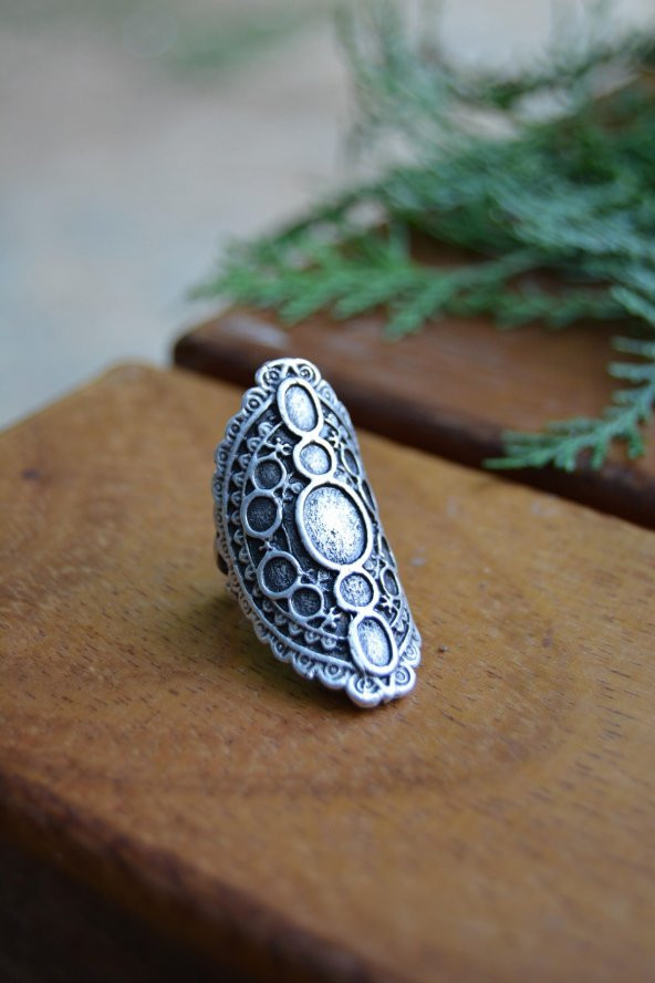 STONEAGE Bayan Antik Gümüş Bohem Yüzük Ayarlanabilir - Resim 3