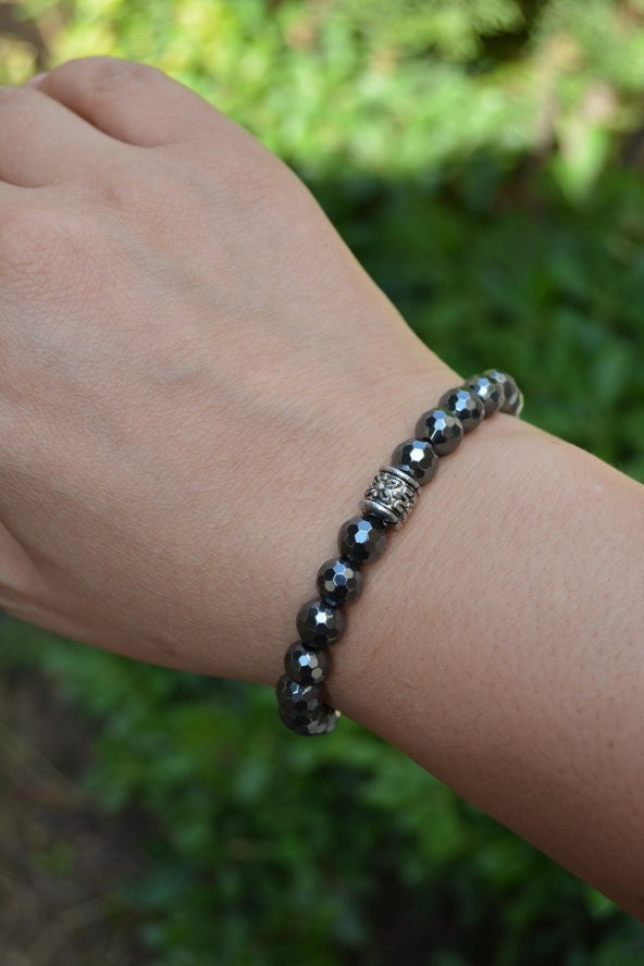 STONEAGE Faset Kesilmiş Hematit Gri Unisex Bileklik Hem Bay Hem B - Resim 2