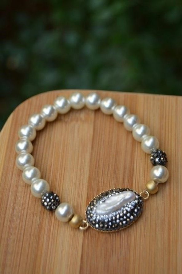 STONEAGE Gerçek İncili El Yapımı Kadın Bileklik Bedensiz Lastikli - Resim 2