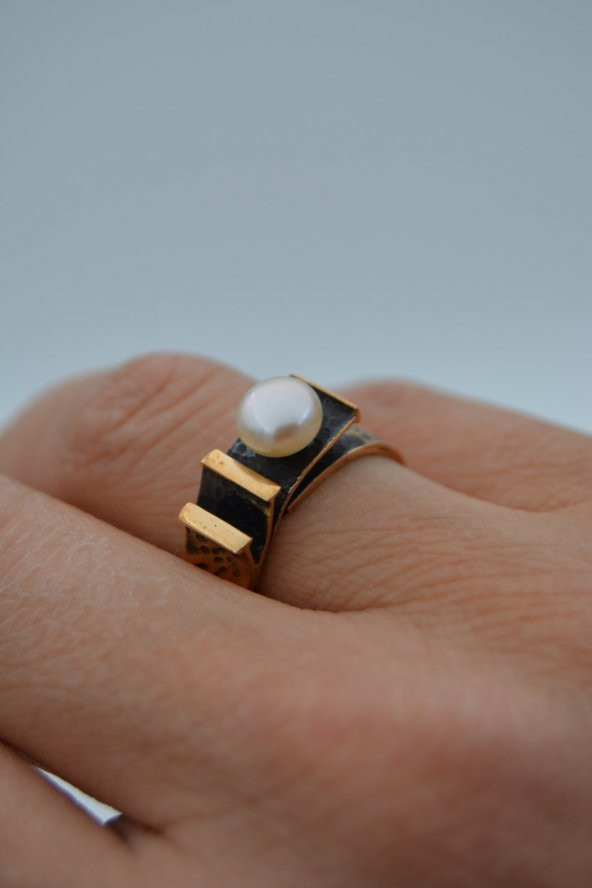 STONEAGE Gerçek İnci Ayarlanabilir Bayan Yüzük Madeni Bakır - Resim 3