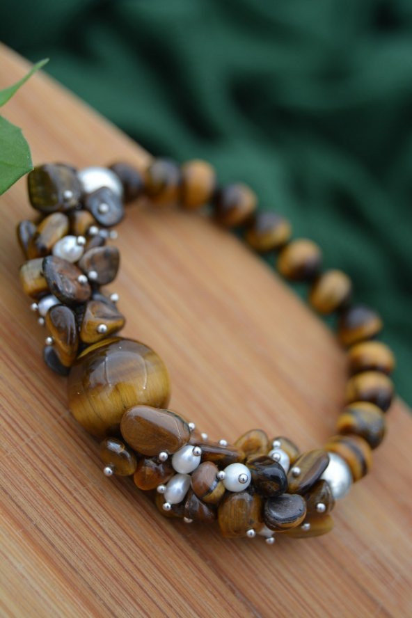 STONEAGE Gerçek İmci ve Kaplan Gözü Taşlı Kadın Bileklik - Resim 4