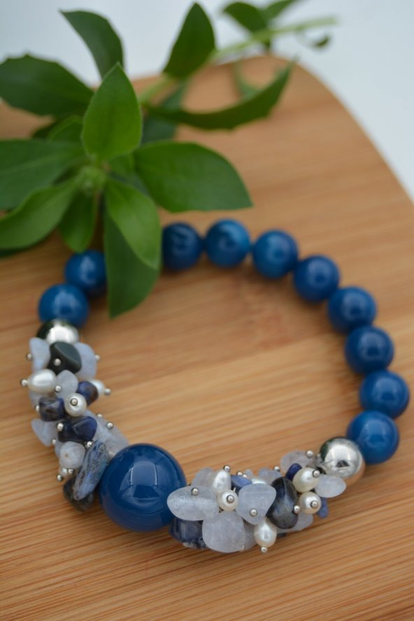 STONEAGE Güzel Bayan Bileklik Ceyt İnci ve Lapis Lazuli Taşlı - Resim 7