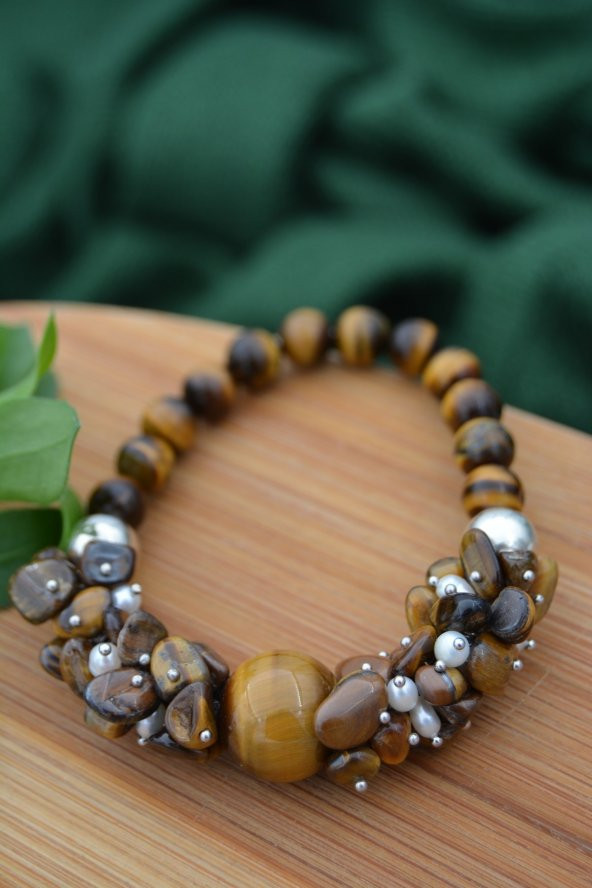 STONEAGE Gerçek İmci ve Kaplan Gözü Taşlı Kadın Bileklik - Resim 5