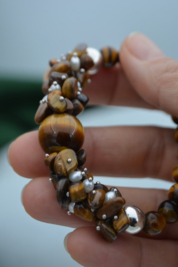 STONEAGE Gerçek İmci ve Kaplan Gözü Taşlı Kadın Bileklik - Resim 8