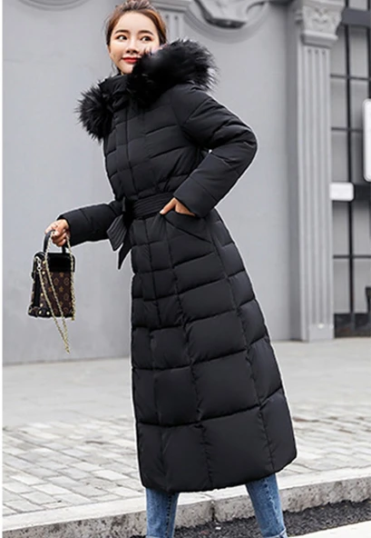 Kışlık Tam Boy Kürklü Kapüşonlu Kadın Şişme Mont - Resim 2