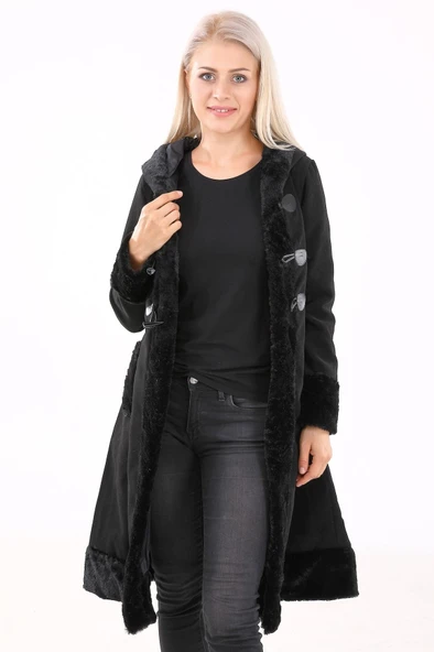 Kaşe Kaşmir Kürk Detaylı Kadın Kaban - Resim 5