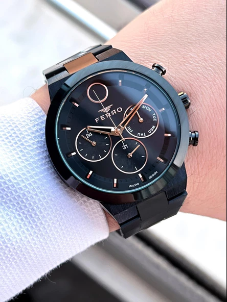 Ferro 30 Mt Suya Dayanıklı Çelik Kordon Kararma Renk Atma Yapmaz Erkek Kol Saati VS.BLKT.0046 - Resim 4