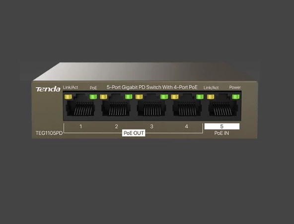 Tenda TEG1105PD 5 Port 4 Port Poe+ 1 Port Poe+ İN 10-100-1000 Switch Çelik Kasa Rack Mount