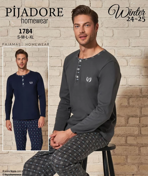 Pijadore 1784 Pamuklu Uzun Kollu Gri Erkek Pijama Takımı