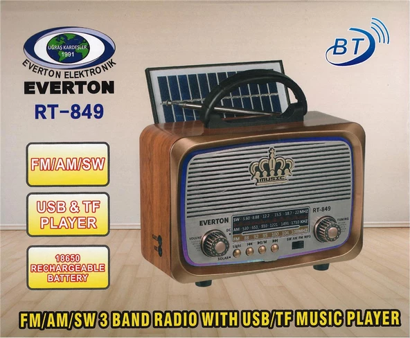 Everton Rt-849  Bluetooth Fm-Usb-Tf-Aux Şarjlı Nostaljik Radyo Güneş Panelli