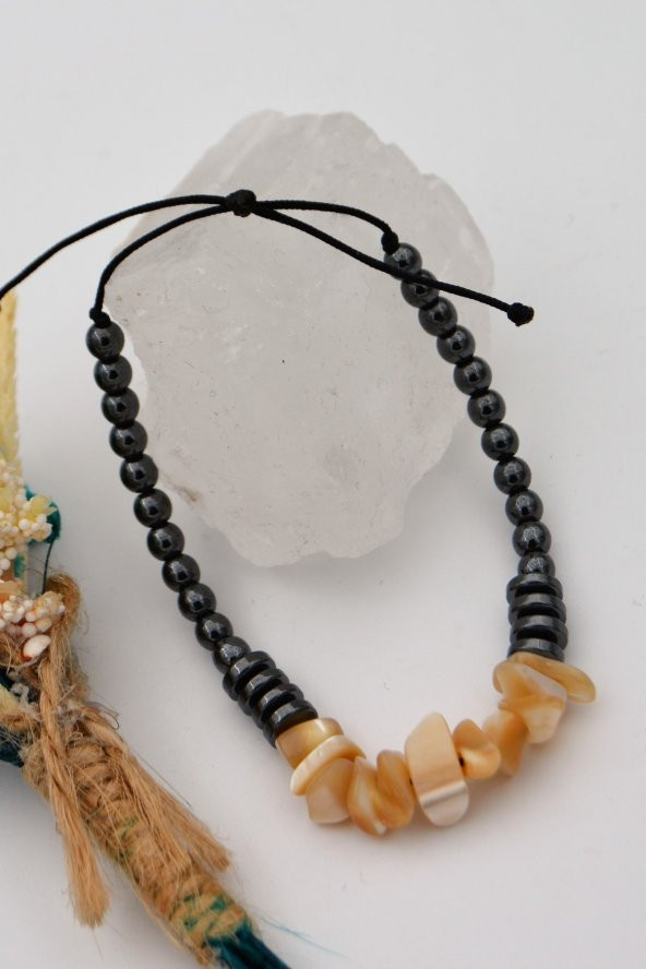 STONEAGE Gerçek Sedef ve Hematit taşlı Metalsiz Şifa Bilekliği - Resim 2