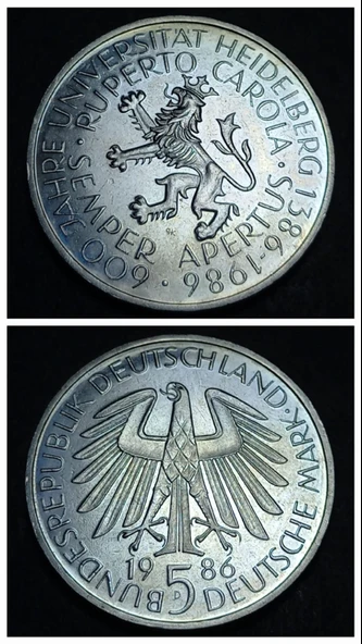 Escoines Koleksiyon 1986 Almanya 5Mark Heidelberg Üniversitesi 600.Yıl Dönümü ÇİL eski Hatıra para ürün görseli 1