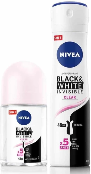 NIVEA Kadın Sprey Deodorant Black&White Clear 150ml ve Mini Roll-on Black&White Clear