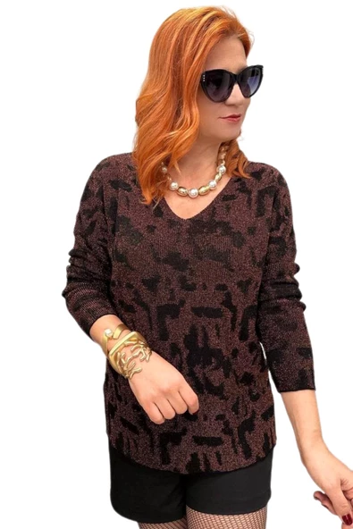 Kadın V Yaka Simli Kazak 12541 BGL-ST04103 - Resim 10