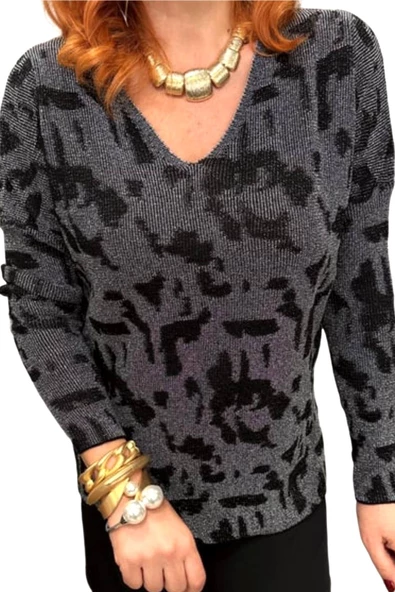 Kadın V Yaka Simli Kazak 12541 BGL-ST04103 - Resim 5