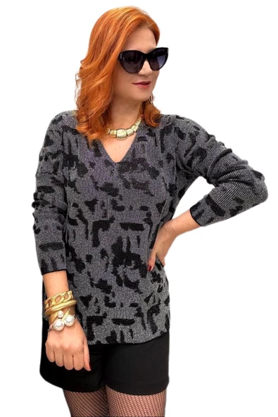 Kadın V Yaka Simli Kazak 12541 BGL-ST04103 - Resim 4