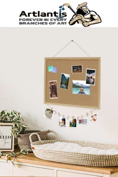 Dekoratif Mantar Pano Ahşap Çerçeve 30x45 cm 1 Adet Harita Çivisi Hediyeli Duvara Monte Mantar Çerçeve Evde Okulda Büro - 2