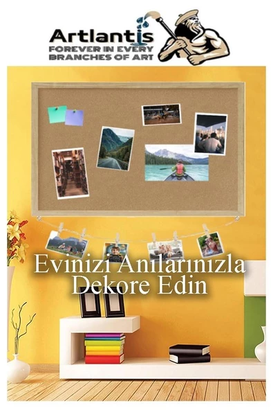Dekoratif Mantar Pano Ahşap Çerçeve 60x90 cm 1 Adet Harita Çivisi Hediyeli Duvara Monte Mantar Çerçeve Evde Okulda Büro - 3