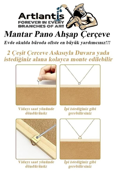 Dekoratif Mantar Pano Ahşap Çerçeve 45x60 cm 1 Adet Harita Çivisi Hediyeli Duvara Monte Mantar Çerçeve Evde Okulda Büro - 6