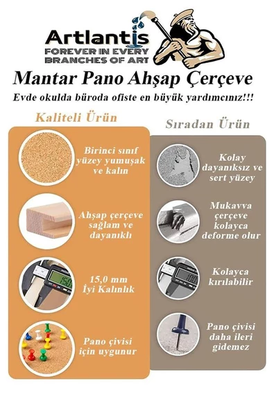 Dekoratif Mantar Pano Ahşap Çerçeve 60x90 cm 1 Adet Harita Çivisi Hediyeli Duvara Monte Mantar Çerçeve Evde Okulda Büro - 4