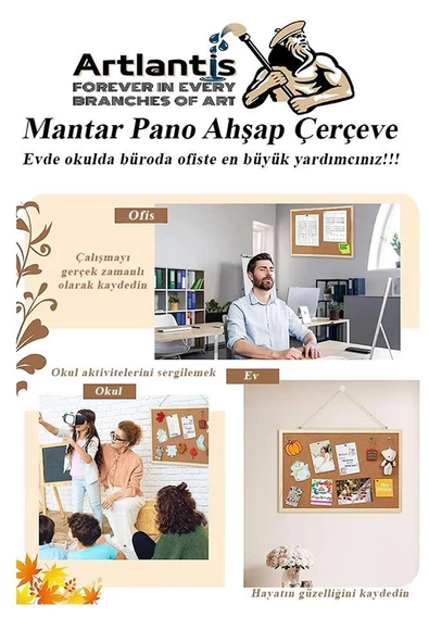 Dekoratif Mantar Pano Ahşap Çerçeve 45x60 cm 1 Adet Harita Çivisi Hediyeli Duvara Monte Mantar Çerçeve Evde Okulda Büro - 5