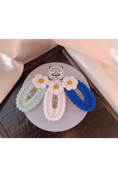 Papatya Çiçek Beyaz Su Yeşili Saks Mavi 3 lü Kombin Çıtçıt Toka Seti,El Örgüsü Toka Su Yeşili Tek Ebat ürün görseli