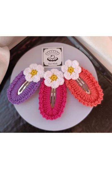 Papatya Çiçek Nar Çiçeği Açık Mor Fuşya 3 lü Kombin Çıtçıt Toka Seti,El Örgüsü Toka Nar Çiçeği Tek Ebat - 2