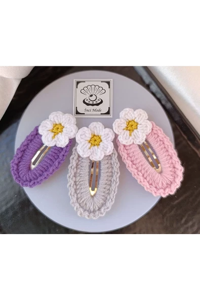 Papatya Çiçek Balerin Pembe Açık Mor Taş 3 lü Kombin Çıtçıt Toka Seti,El Örgüsü Toka Balerin Pembe Tek Ebat ürün görseli