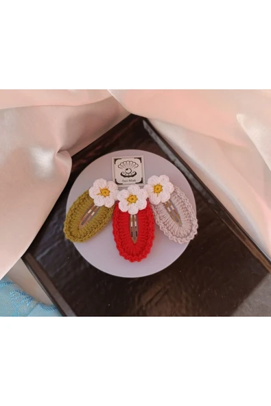 Papatya Çiçek  Haki Kırmızı Açık Lila 3 lü Çıtçıt Toka Seti,El Örgüsü Toka Haki Tek Ebat - 2