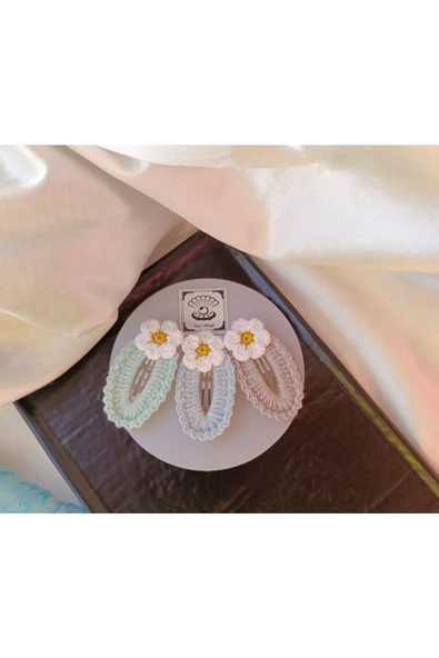 Papatya Çiçek  Pastel Renkler Beyaz Bebek Mavisi Taş 3 lü Çıtçıt Toka Seti,El Örgüsü Toka Çok Renkli Tek Ebat - Resim 2