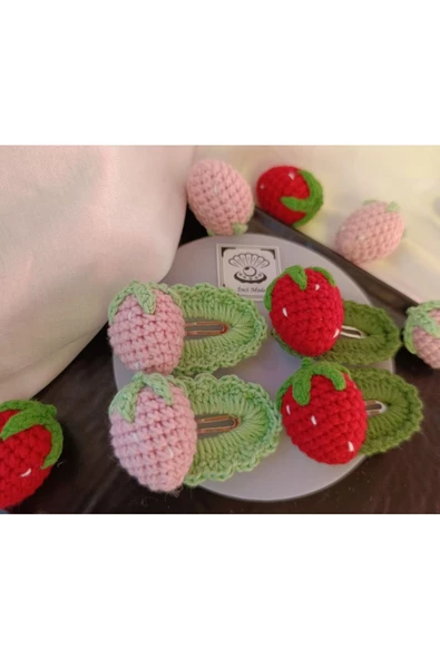 Çileklik Kırmızı Açık Pembe 4'lü Çıtçıt Toka Seti,El Örgüsü Açık Pembe Tek Ebat - 2