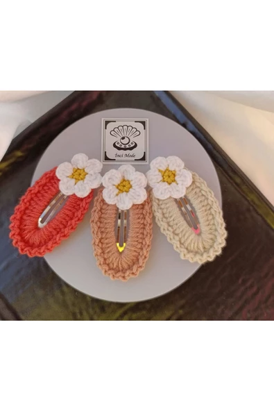 Papatya Çiçek  Kırmızı Taş Somon 3 lü Çıtçıt Toka Seti,El Örgüsü Toka Taş Tek Ebat - Resim 2