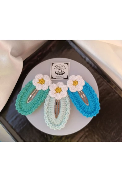 Papatya Çiçek  Su Yeşili Mavi Turkuaz Soft 3 lü Kombin Çıtçıt Toka Seti,El Örgüsü Toka Su Yeşili Tek Ebat ürün görseli
