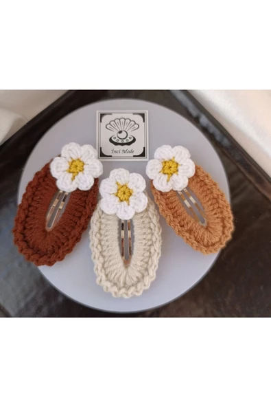 Papatya Çiçek Kahve Taş Açık Kahverengi 3 lü Kombin Çıtçıt Toka Seti,El Örgüsü Toka Taş Tek Ebat - 2