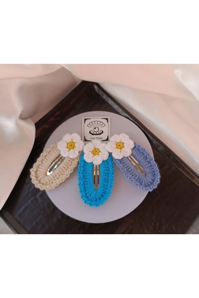 Papatya Çiçek Taş Mavi kot Mavi 3 lü Kombin Çıtçıt Toka Seti,El Örgüsü Toka Taş Tek Ebat ürün görseli