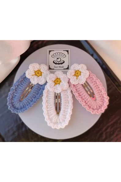 Papatya Çiçek  Beyaz Açık Balerin Pembe Soft Mavi 3 lü Çıtçıt Toka Seti,El Örgüsü Toka Pembe Tek Ebat - Resim 2