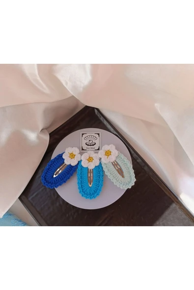 Papatya Çiçek Gri Mavi Saks Mavi 3 lü Kombin Çıtçıt Toka Seti,El Örgüsü Toka Gri Tek Ebat - Resim 2