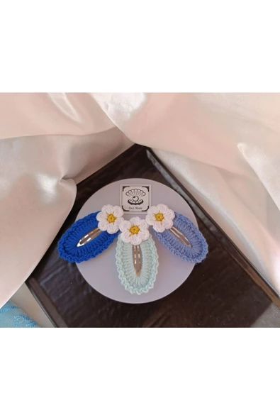 Papatya Çiçek Saks Mavi Su Yeşili Mavi 3 lü Kombin Çıtçıt Toka Seti,El Örgüsü Toka Saks Mavi Tek Ebat - 2