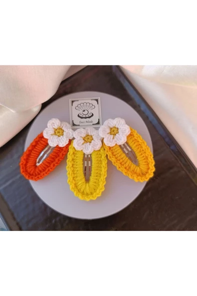 Papatya Çiçek  Turuncu Kavuniçi Parlak Sarı 3 lü Çıtçıt Toka Seti,El Örgüsü Toka Turuncu Tek Ebat - 2